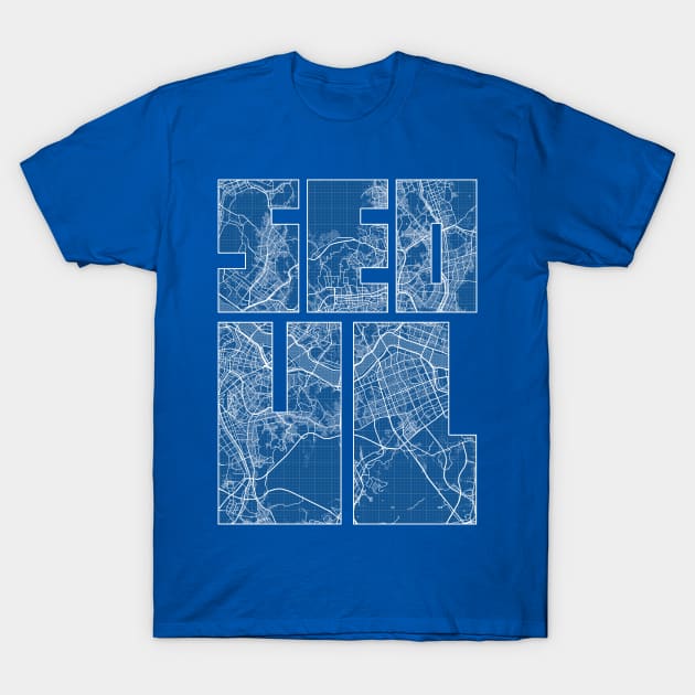 Seoul, South Korea City Map Typography - Blueprint T-Shirt by deMAP Studio